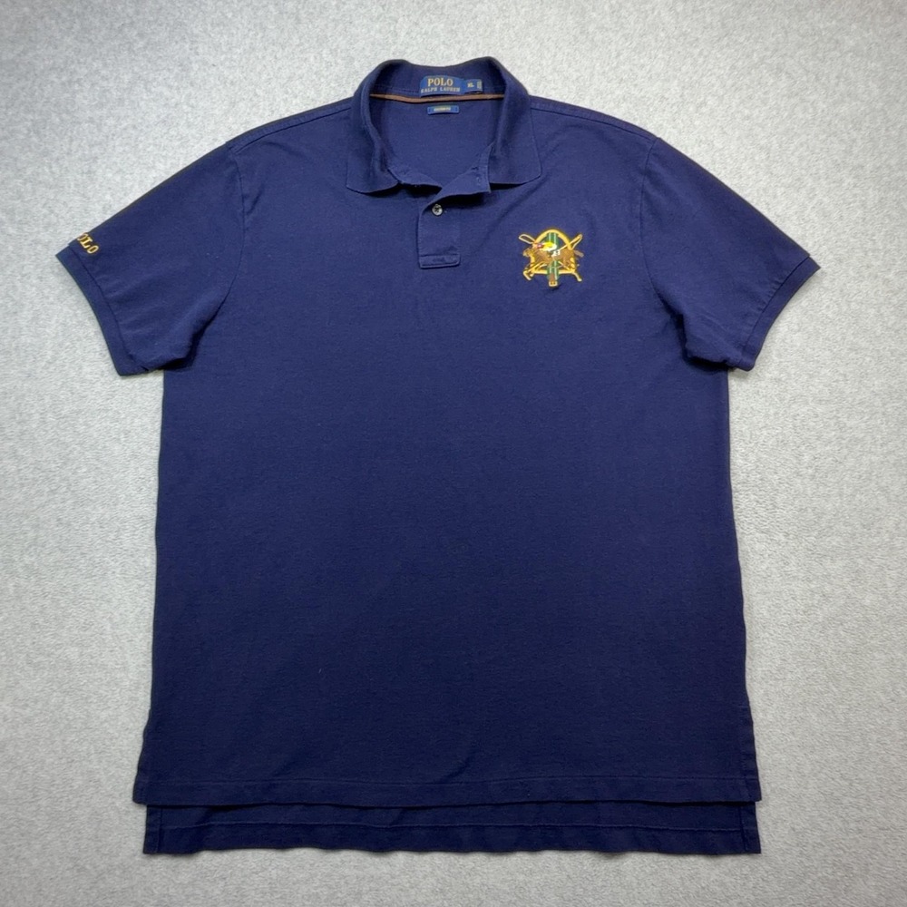 Ralph Lauren Polo Shirt Mens XL Blue Custom Fit Horse Racing Jockey Embroidered